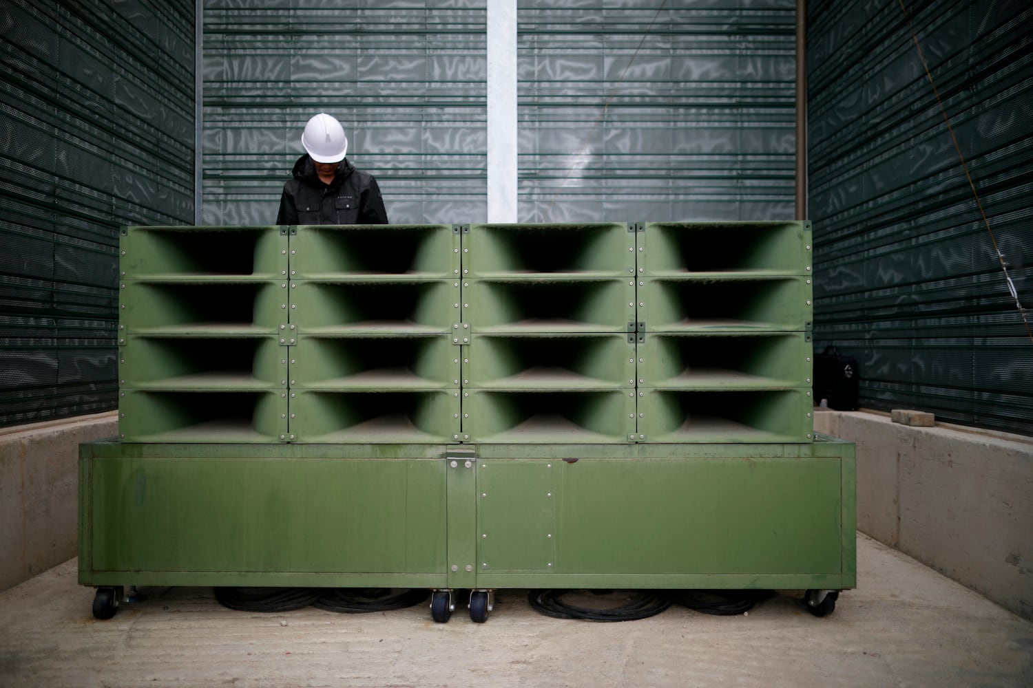 A May 1, 2018, photo shows the dismantling of loudspeakers set up for propaganda broadcasts into North Korea near the demilitarized zone separating the two Koreas in Paju, South Korea.
