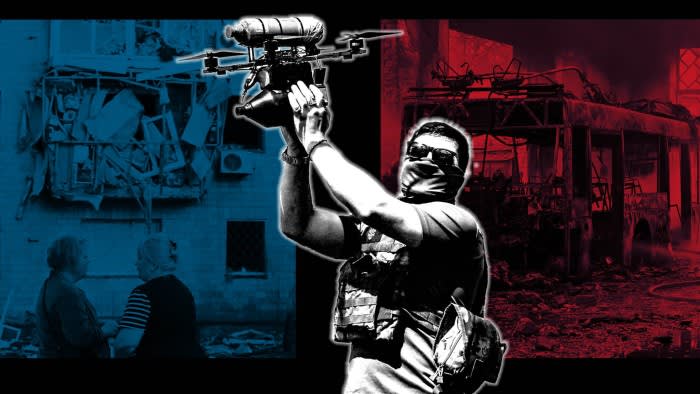 A Ukrainian soldier tests an FPV fibre optic drone in Donetsk; background images; a building and a bus damaged by a Russian drones in background