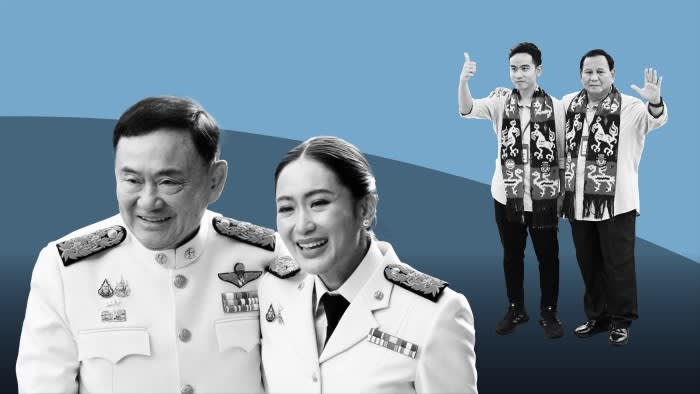 Combination image of Thailand’s former Prime Minister Thaksin Shinawatra and his daughter and newly elected Prime Minister Paetongtarn Shinawatra, as well as Indonesian president-elect Prabowo Subianto and vice president-elect Gibran Rakabuming Raka.