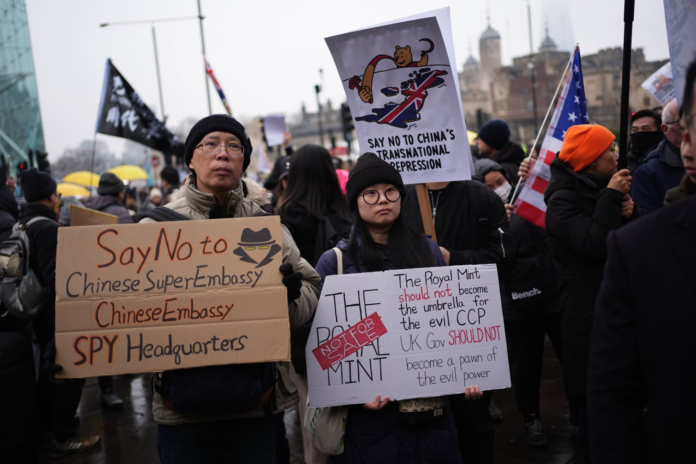 Protesters outside the proposed site of the new Chinese Embassy redevelopment in Royal Mint Court, central London
