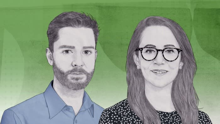Sketch-style drawing of a bearded man in a blue shirt and a woman with glasses in a polka-dot blouse, set on a green background