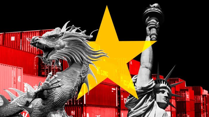 A statue of a Chinese dragon and the Statue of Liberty against a background of shipping containers and the Vietnamese flag