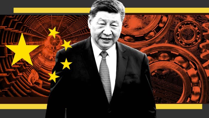 Chinese President Xi Jinping in front of images of employees working on a steel tube tower production line at a factory in Haian, in eastern China’s Jiangsu province; right, titanium ball bearings