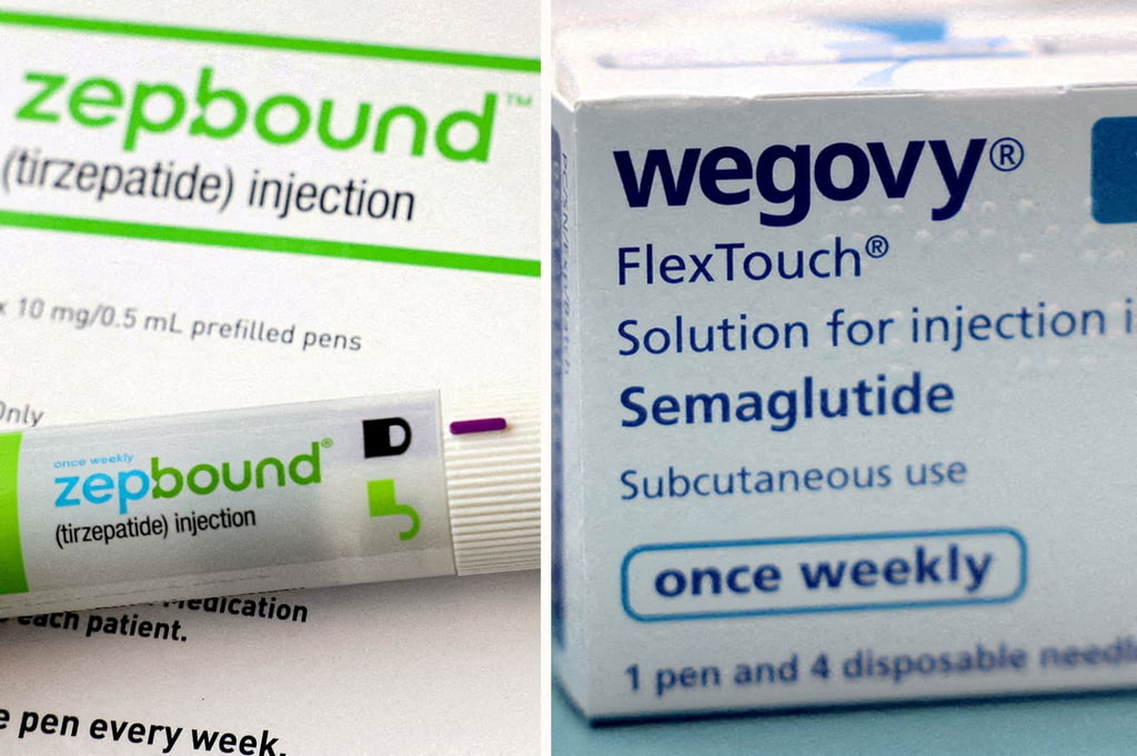 A combination image shows an injection pen of Zepbound, Eli Lilly’s weight loss drug, and boxes of Wegovy, made by Novo Nordisk. Photo: Reuters