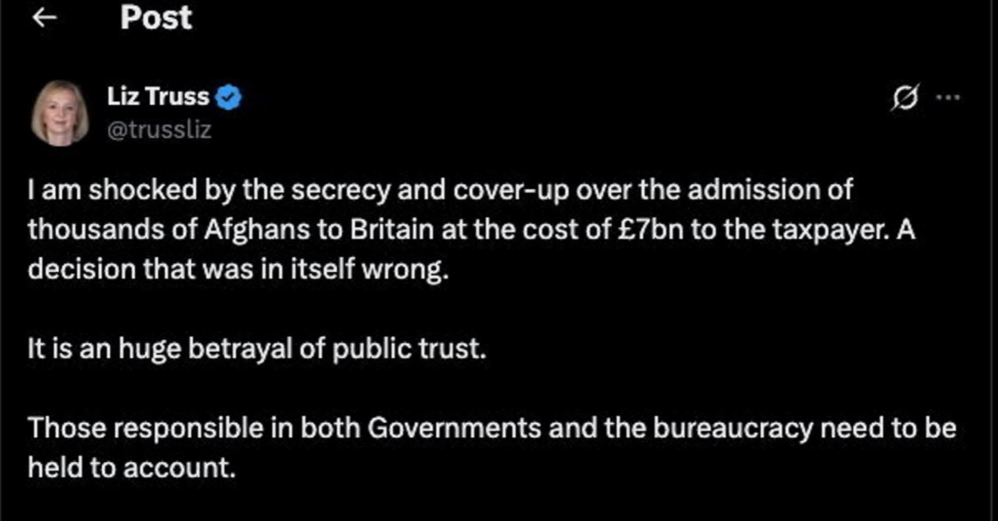 Liz Truss tweet on X regarding the Afghans brought to the UK