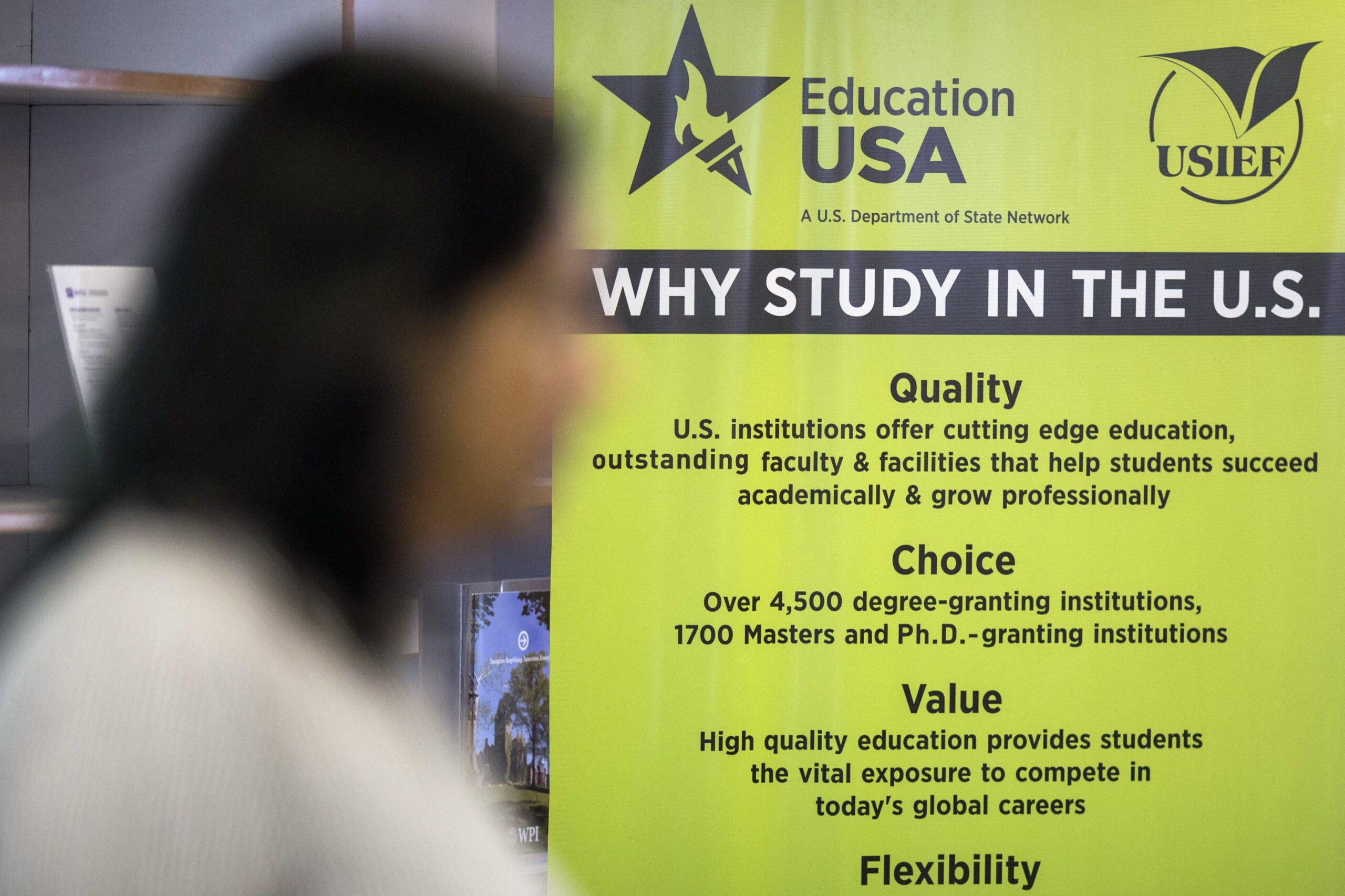 A poster is displayed at the United States-India Education Foundation (USIEF) in Mumbai