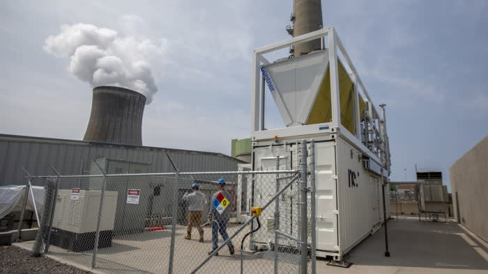 Workers outside the hydrogen production facility at the Constellation Nine Mile Point Nuclear Station in Scriba, New York