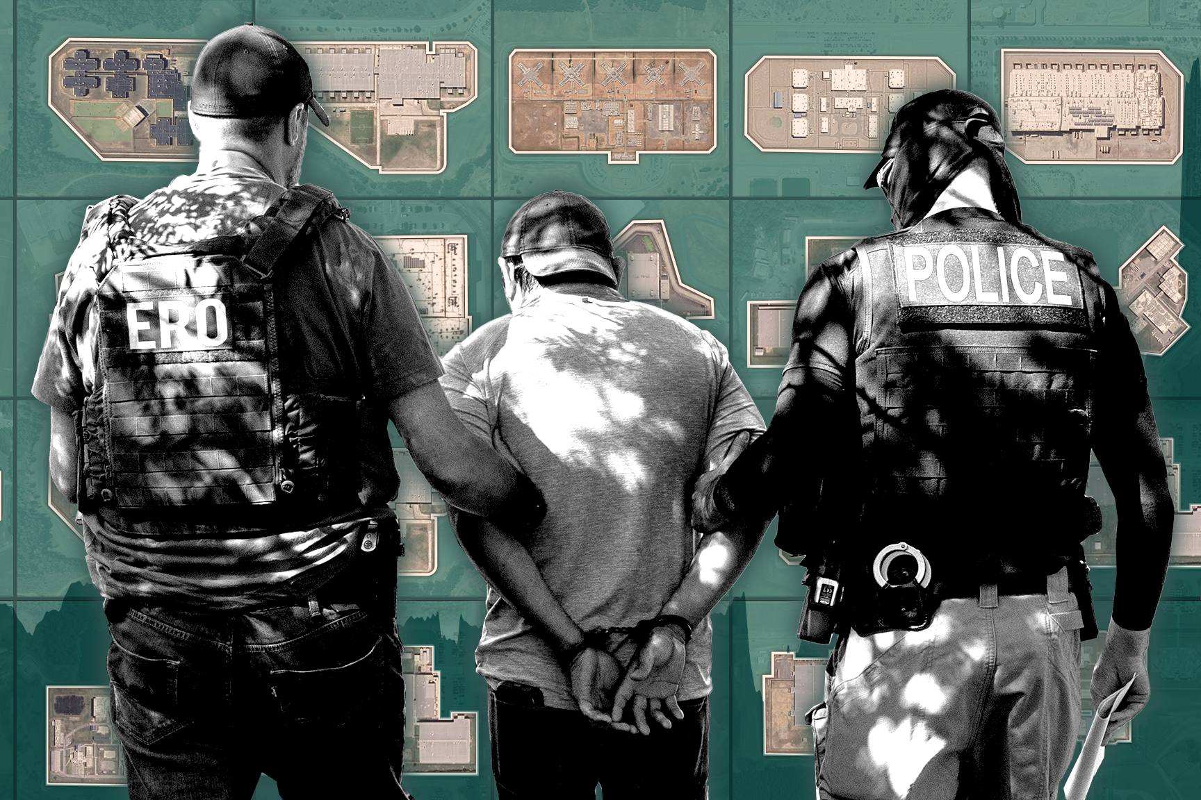 Three officers — two wearing vests labelled “ERO” and “POLICE” — stand behind a handcuffed man, with satellite images of detention facilities displayed in the background