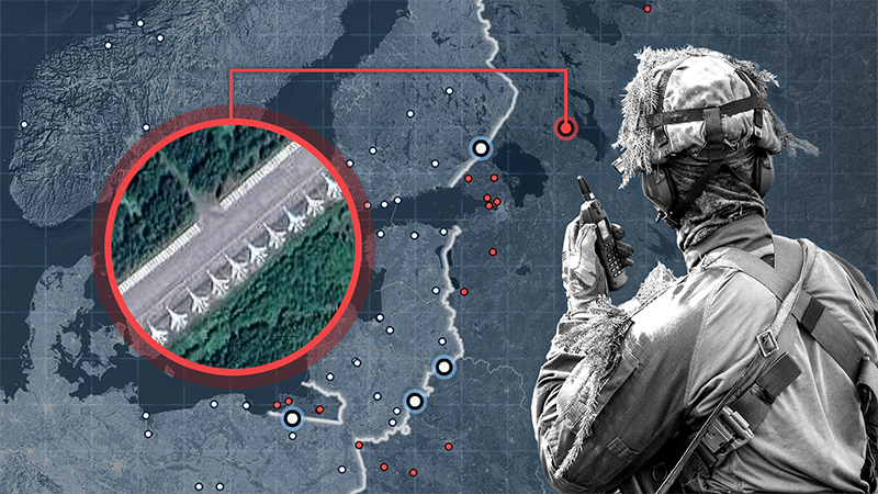 Photo montage showing a soldier in camouflage uniform holding a radio. In the background is a map highlighting an area in Europe