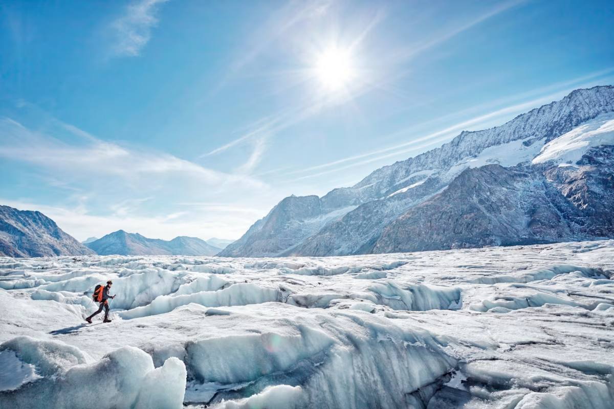 A hiker on the Aletsch glacier