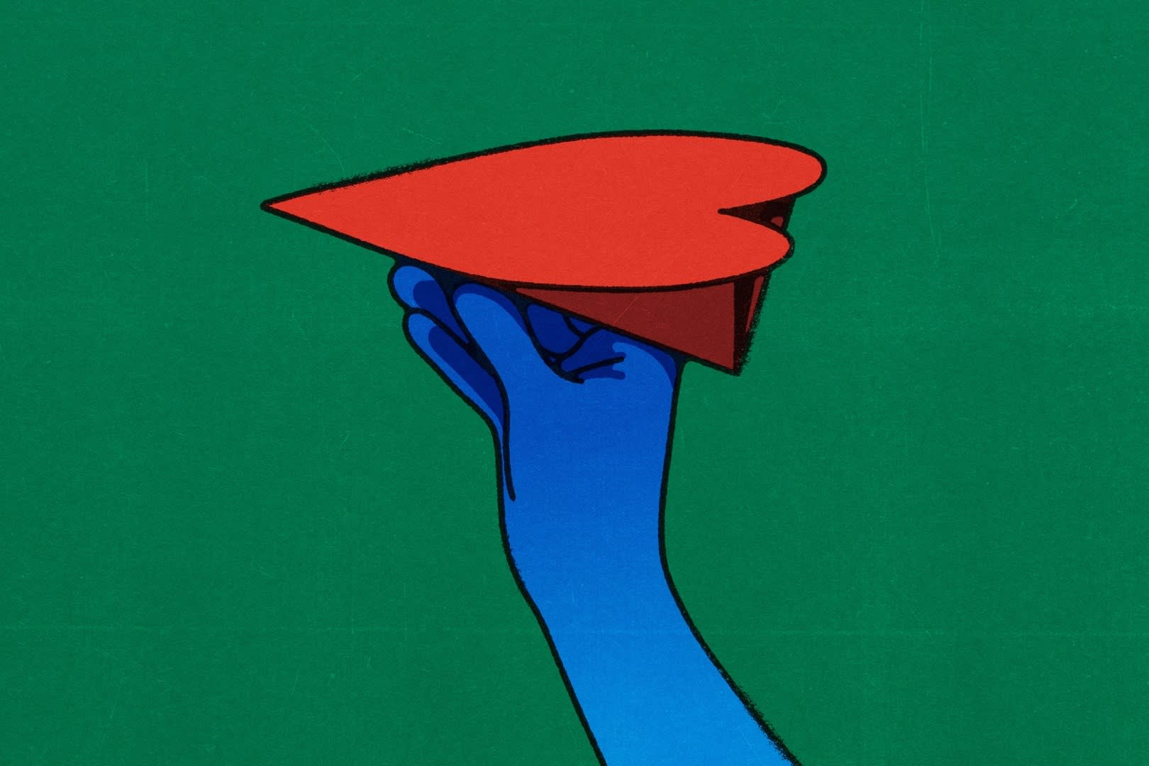 Blue hand holding a red paper plane shaped like a heart on a green background