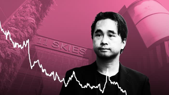 Adrian Cheng is seen in front of the 11 Skies retail and commercial project building, with a financial chart overlayed on the image. The background is tinted pink.