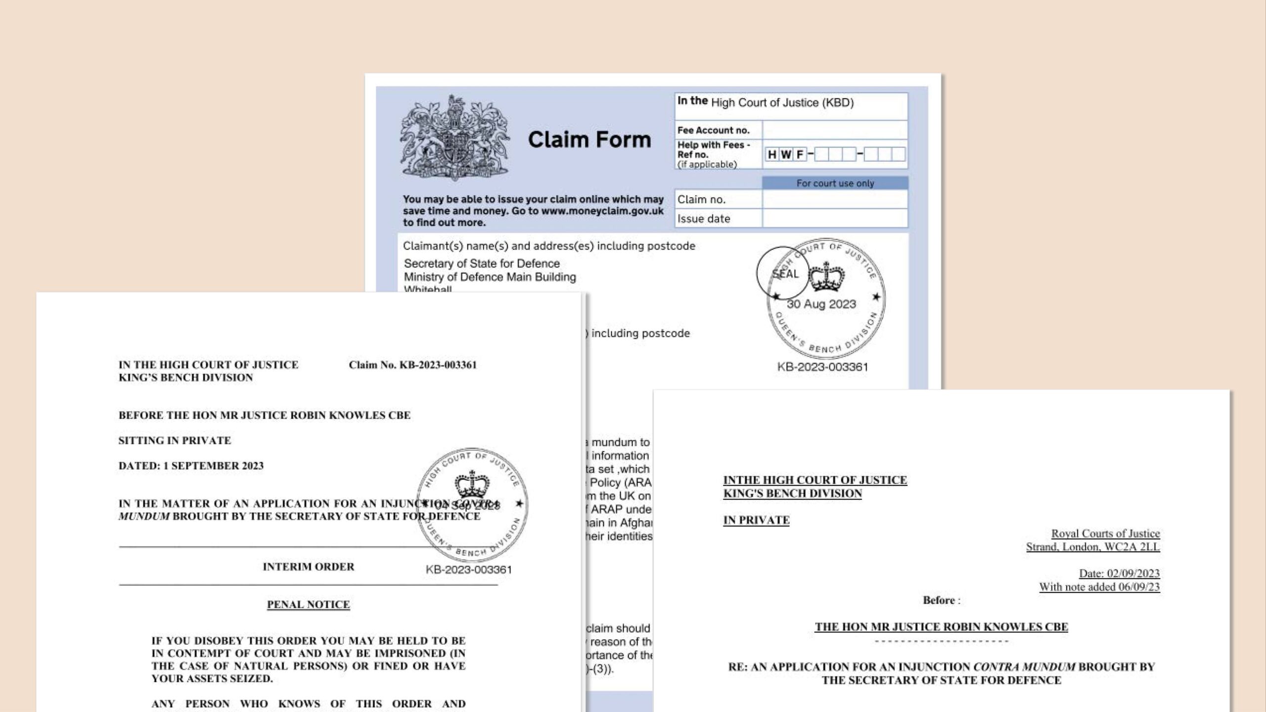 Screenshots of court documents from September 2023 relating to the injunction