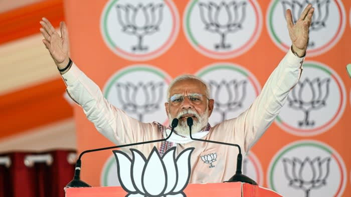 Narendra Modi, India’s prime minister, during a campaign rally in Agra, Uttar Pradesh, India, on Thursday