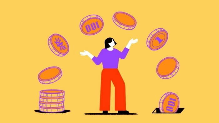 María Hergueta illustration of a woman with her arms up in wonder, looking at yen coins flying over her head