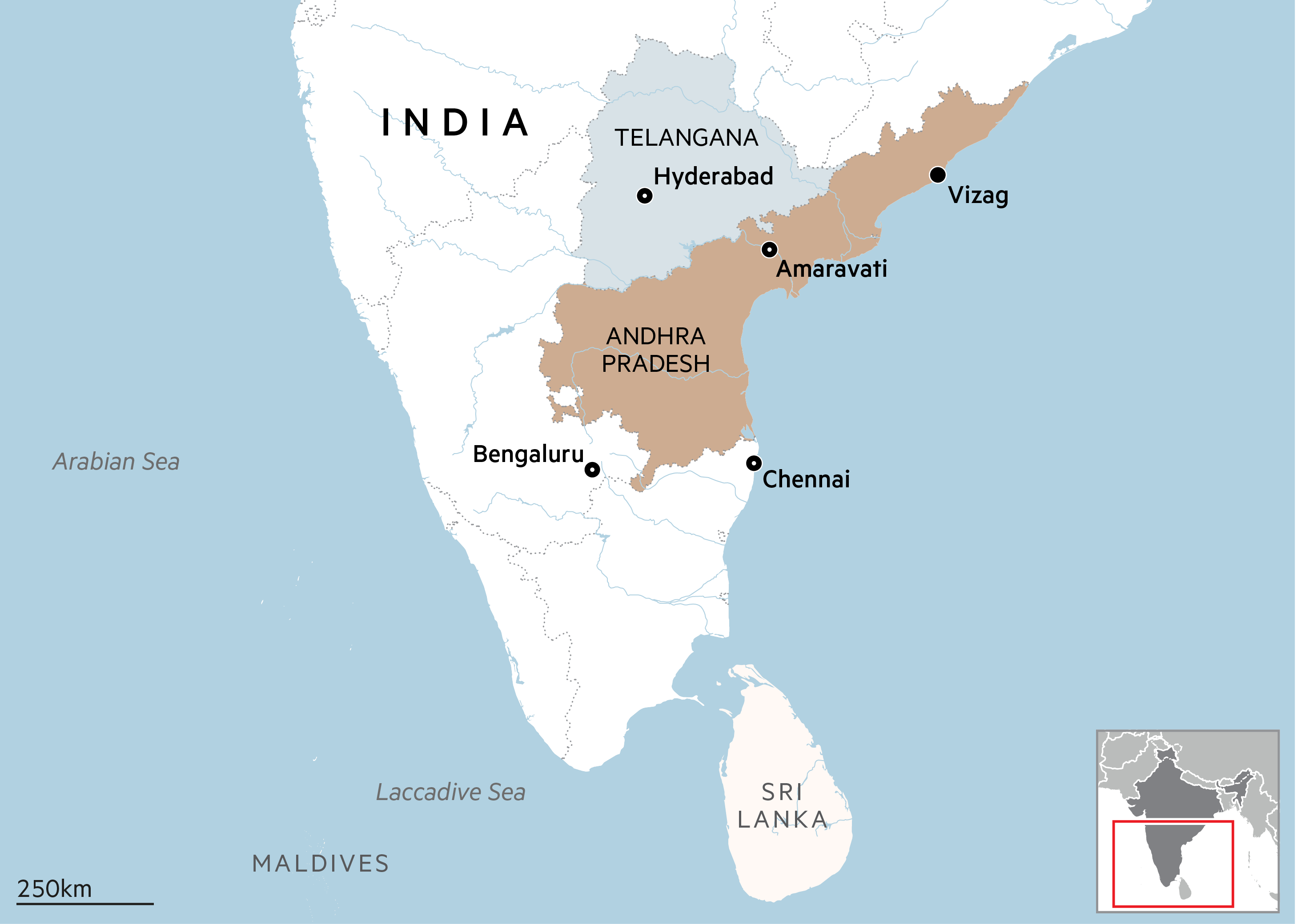 Map showing Andhra Pradesh, Telangana, Amaravati, and Vizag in India