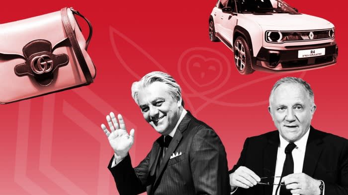 A montage of Luca de Meo, François-Henri Pinault, Renault R4 electric car and Gucci handbag with Kering and Reault logos