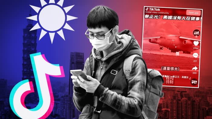 Collage featuring a person wearing a mask and using a smartphone, the TikTok logo, a Taiwanese flag, Taipei 101, and a TikTok video of a plane on a red background
