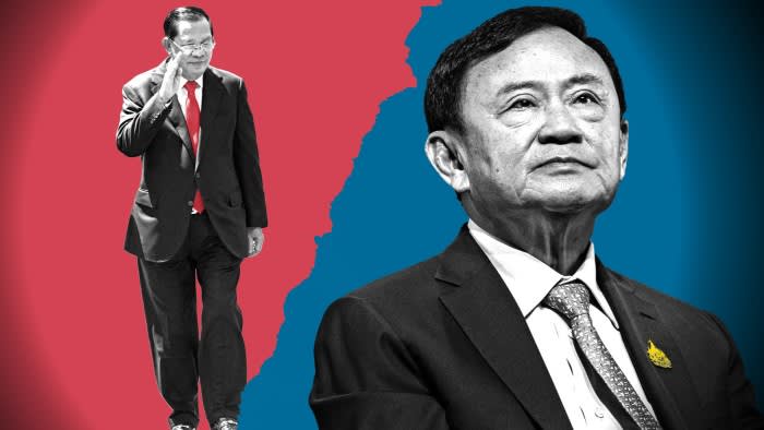 Montage shows Cambodia’s Hun Sen, left, and Thailand’s Thaksin Shinawatra and