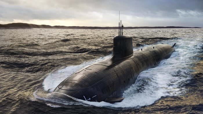 A digital rendering of the new SSN-Aukus submarine navigating through choppy ocean waters