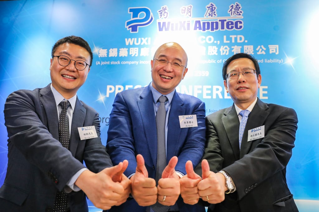 Wuxi AppTec’s executives (L-R): Joint Company Secretary Yao Chi, Chairman Dr. Li Ge and Co-Chief Executive Officer Edward Hu during the company’s IPO press conference on November 30, 2018. Photo: Edward Wong