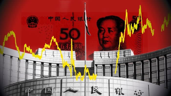 A montage featuring a 50 yuan note with Mao Zedong’s portrait, the People’s Bank of China building, and a fluctuating yellow stock market graph