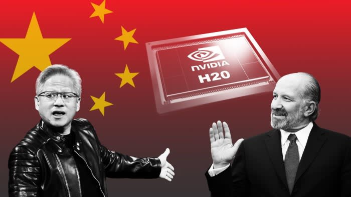 Montage photo of Nvidia chief Jensen Huang and US commerce secretary Howard Lutnick, with the Chinese flag and Nvidia’s H20 processor on the background