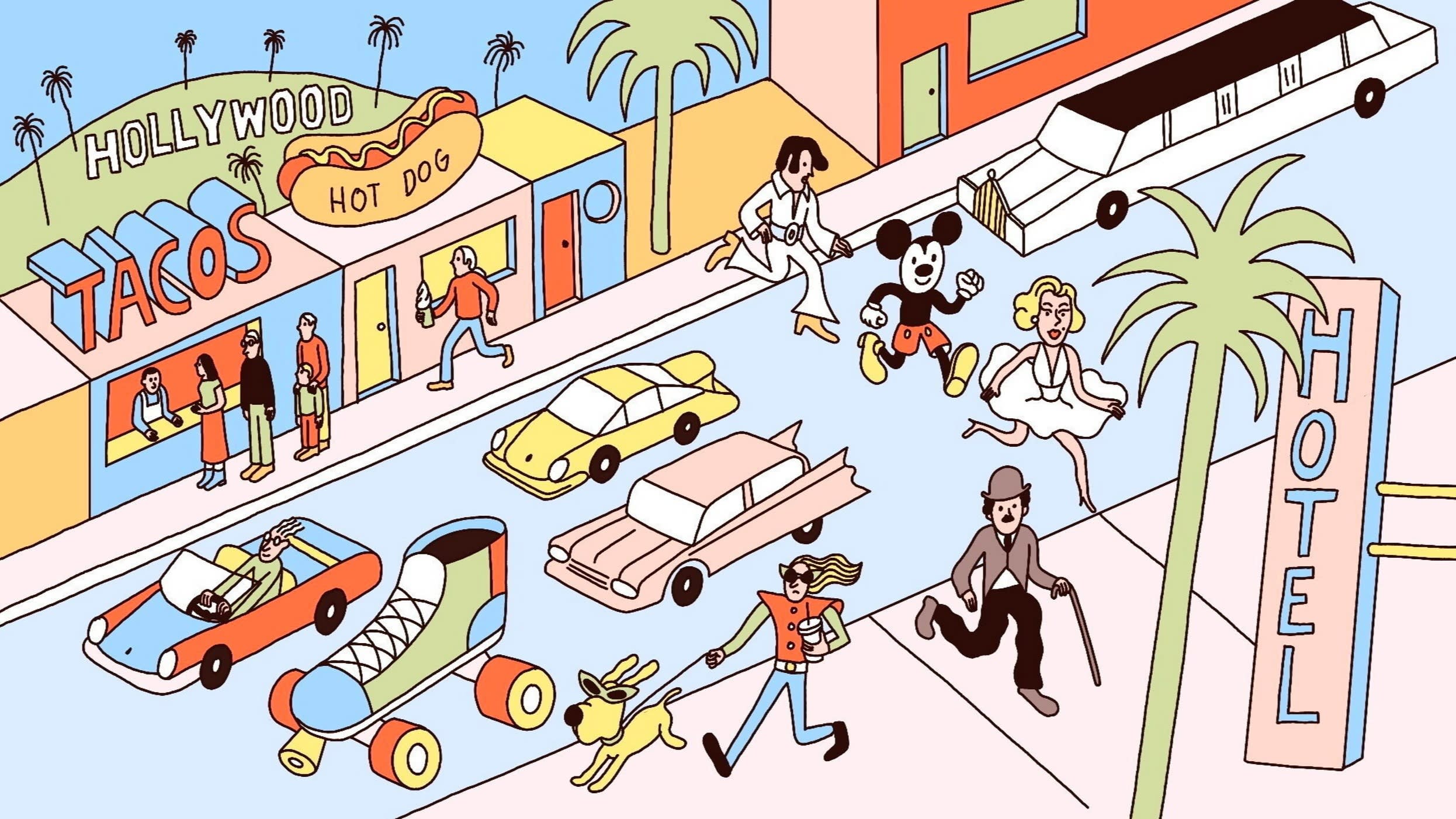 An illustration of our locals’ travel guide to Los Angeles: tacos next to hot dog stands, traffic and sprawl, palm trees, Mickey Mouse, dogs, the hollywood sign, which suggests everything you need to know when visiting Los Angeles