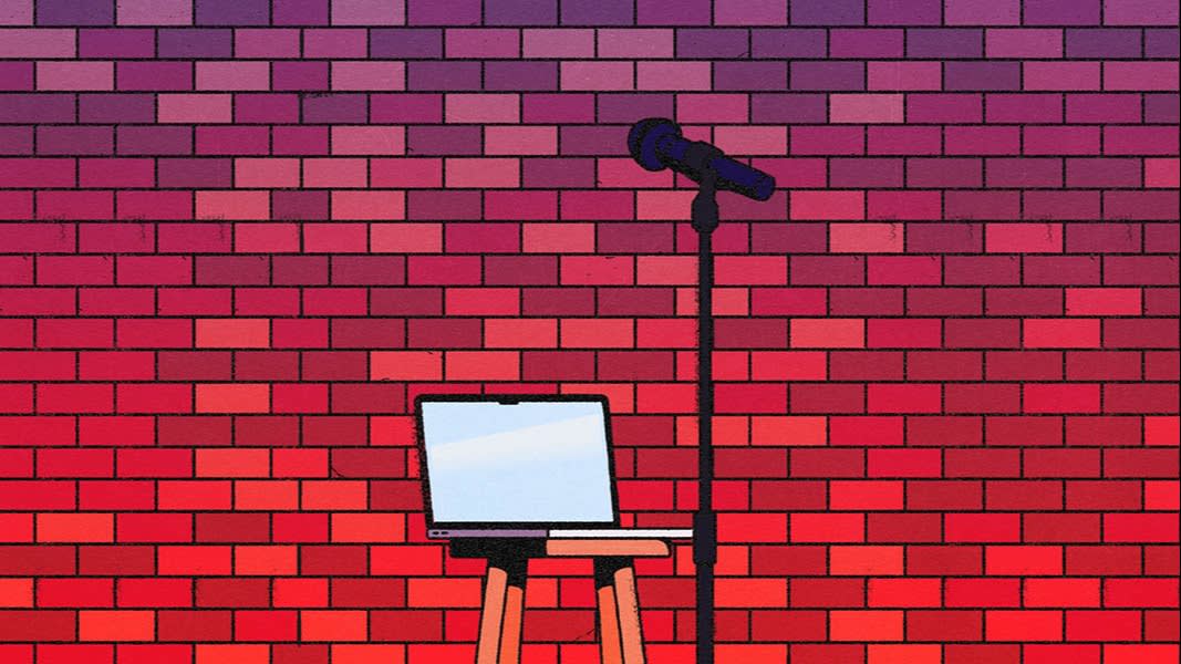 Illustration of a microphone on stage with a laptop on a stool and brick wall in the background