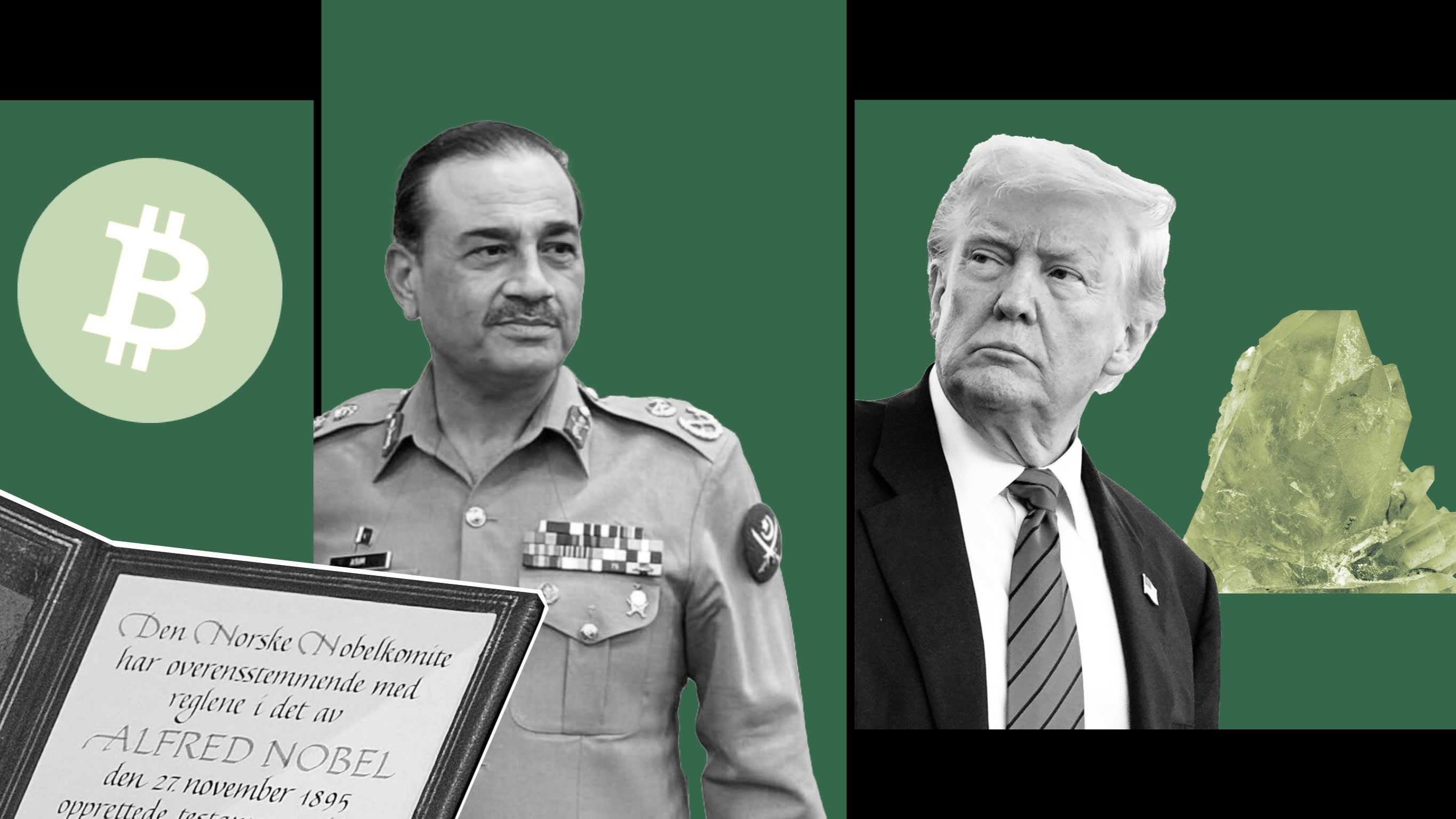 A composite image of Pakistan’s army chief Field Marshal Syed Asim Munir, Donald Trump, Bitcoin, lithium ore and the Nobel Peace Prize