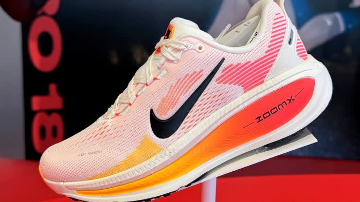 A Nike Vomero 18 running shoe on display at Nike Santa Monica in California