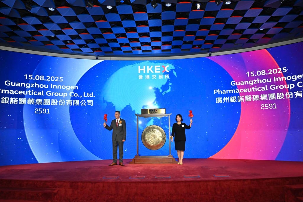 Guangzhou Innogen Pharmaceutical Group’s founder and chairman Wang Qinghua (left) and chief financial officer Jiang Fan during the company’s trading debut on the Hong Kong stock exchange on August 15, 2025. Photo: InvestHK
