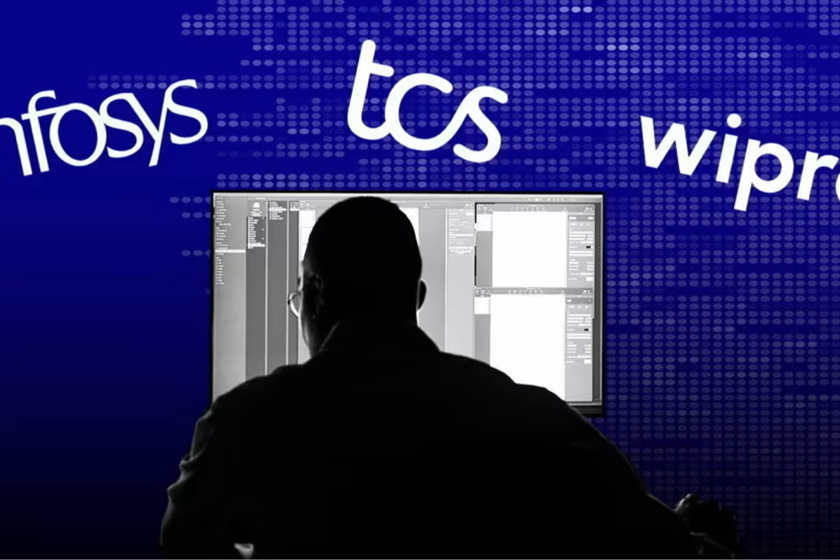 A montage showing a man looking at a screen below the names of leading Indian IT companies Infosys, TCS and Wipro