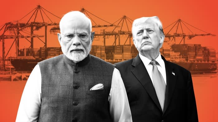 Montage of Narendra Modi and Donald Trump against a backdrop of a container ship at port