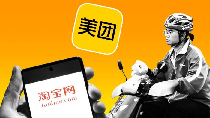 Taobao logo on a phone (Alibaba) with a JD.com delivery driver and the Meituan logo