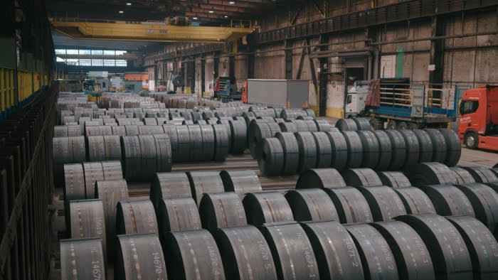 A steel coil at the end of the production line at the Thyssenkrupp plant are ready for transportation