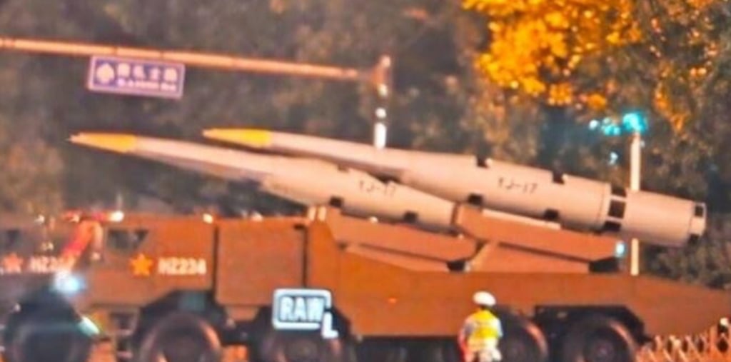 The YJ-17, with hypersonic glide vehicle, is among the anti-ship missiles spotted in the rehearsal. Photo: Handout The YJ-17, with hypersonic glide vehicle, is among the anti-ship missiles spotted in the rehearsal. Photo: Handout