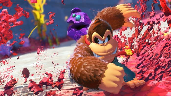 Video still showing a cartoonish looking gorilla in a colourful world