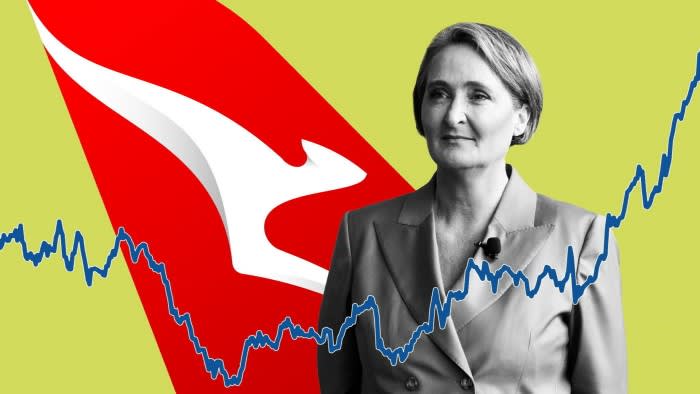 Qantas chief executive Vanessa Hudson with the Qantas Airways logo overlaid with a fluctuating blue financial chart