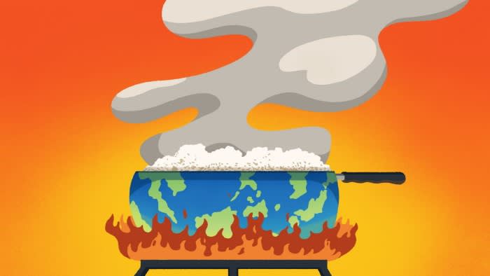 Andy Carter illustration of a pot representing the world filled with rice burning over an open flame