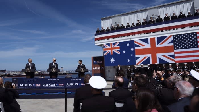 From left: Australian prime minister Anthony Albanese, then US president Joe Biden and former UK PM Rishi Sunak discuss the Aukus pact in San Diego in 2023