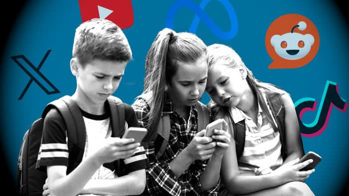 Montage shows children looking at mobile phones with logos of X, YouTube, Meta, Reddit and Tik-Tok