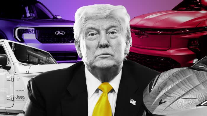 Donald Trump with a montage of cars behind him