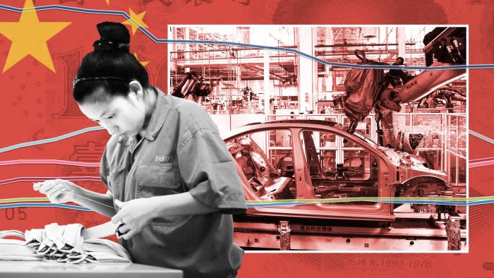 A textile worker in Shengzhou, foreground, and robot arms at work on a car assembly line in Qingdao