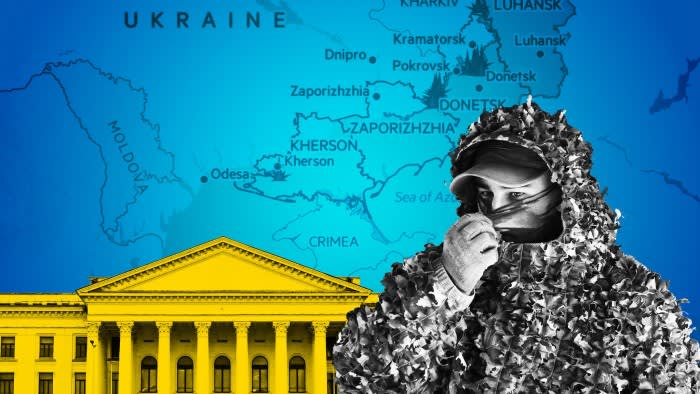 A montage of the Palace of Culture and Technology in the empty Myru Square in Kramatorsk. a map showing Kramatorsk in the Donetsk region of eastern Ukraine and a sniper from the 93rd mechanised brigade.