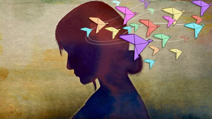 Ann Kiernan illustration of a silhouette of a woman with origami birds flying around her head