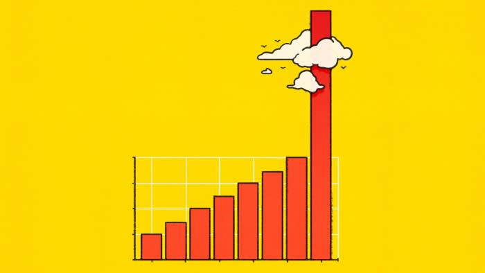 illustration showing red column chart on blue background