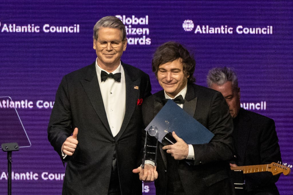 US Secretary of the Treasury Scott Bessent presents an award to the President of Argentina, Javier Milei, at the Global Citizen Awards in New York last week. Photo: AP