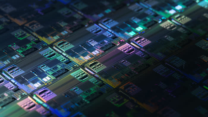 A close-up image of computing circuits on a silicon wafer