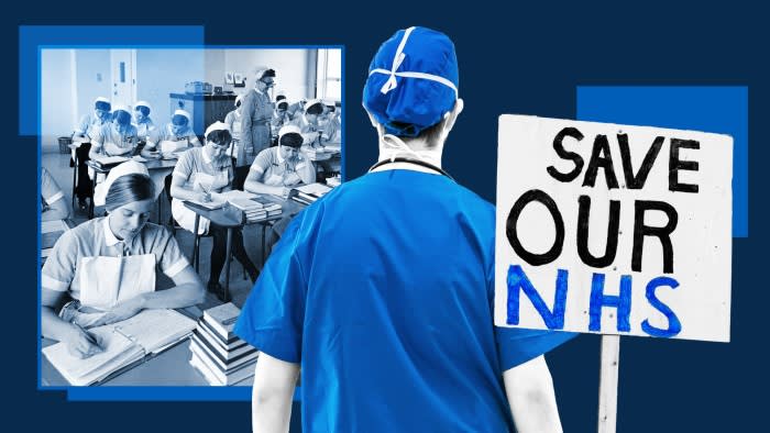 Montage of images. A rear view of a medical person in scrubs, against a backdrop of a black and white historical photo of nurses in a classroom and a protest sign reading ‘Save our NHS’